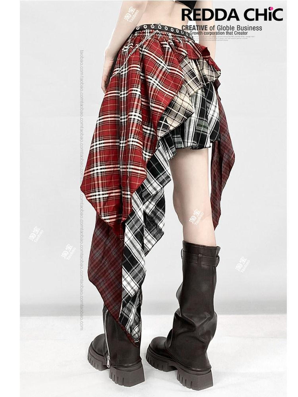 REDDACHIC Red Plaid Patchwork Asymmetrical Tiered Ruffle High Waist Women'S Maxi Skirts