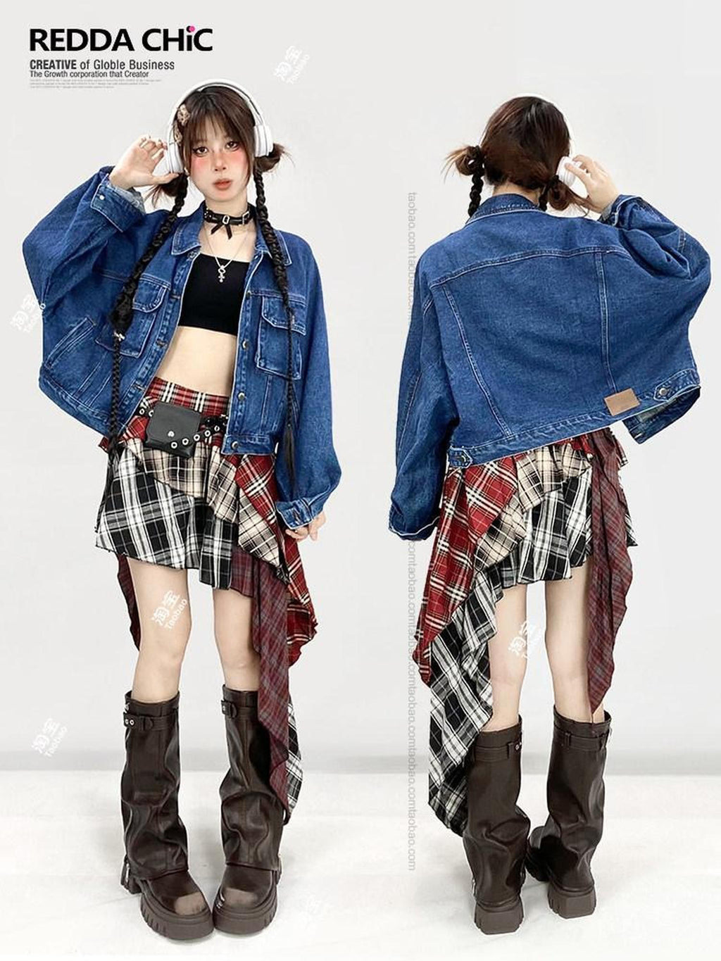 REDDACHIC Red Plaid Patchwork Asymmetrical Tiered Ruffle High Waist Women'S Maxi Skirts