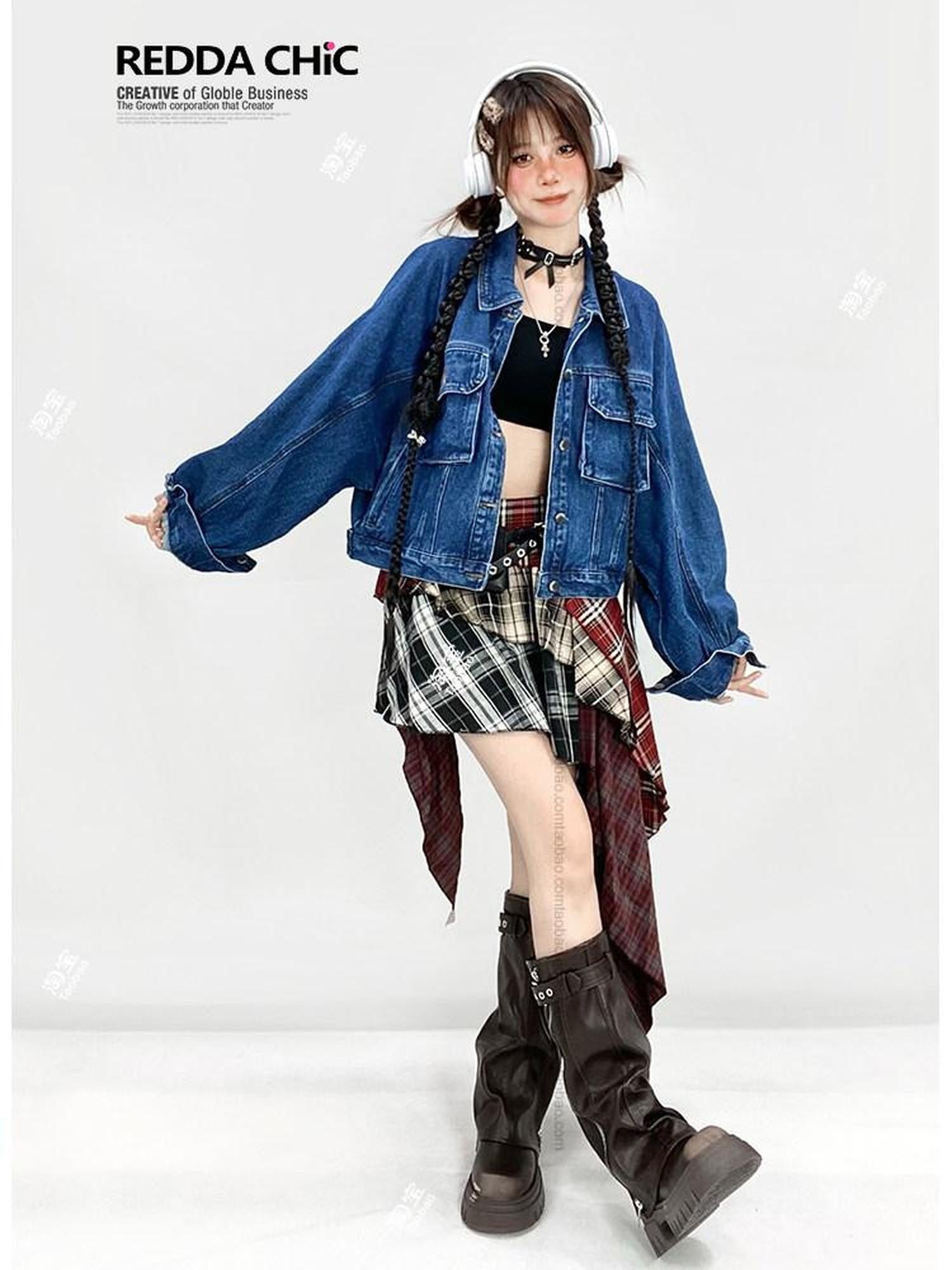 REDDACHIC Red Plaid Patchwork Asymmetrical Tiered Ruffle High Waist Women'S Maxi Skirts