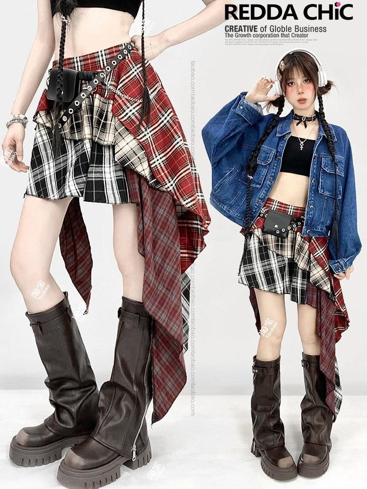 REDDACHIC Red Plaid Patchwork Asymmetrical Tiered Ruffle High Waist Women'S Maxi Skirts
