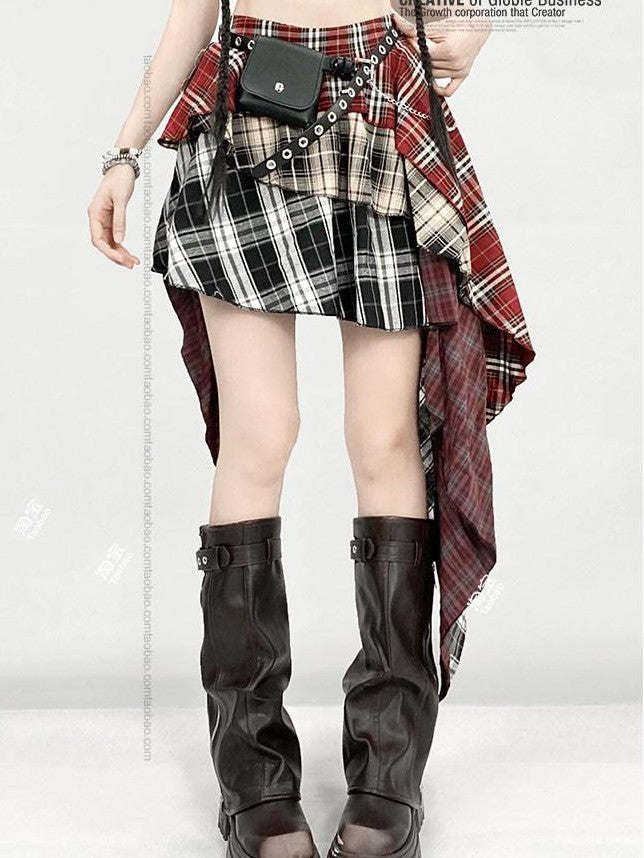 REDDACHIC Red Plaid Patchwork Asymmetrical Tiered Ruffle High Waist Women'S Maxi Skirts
