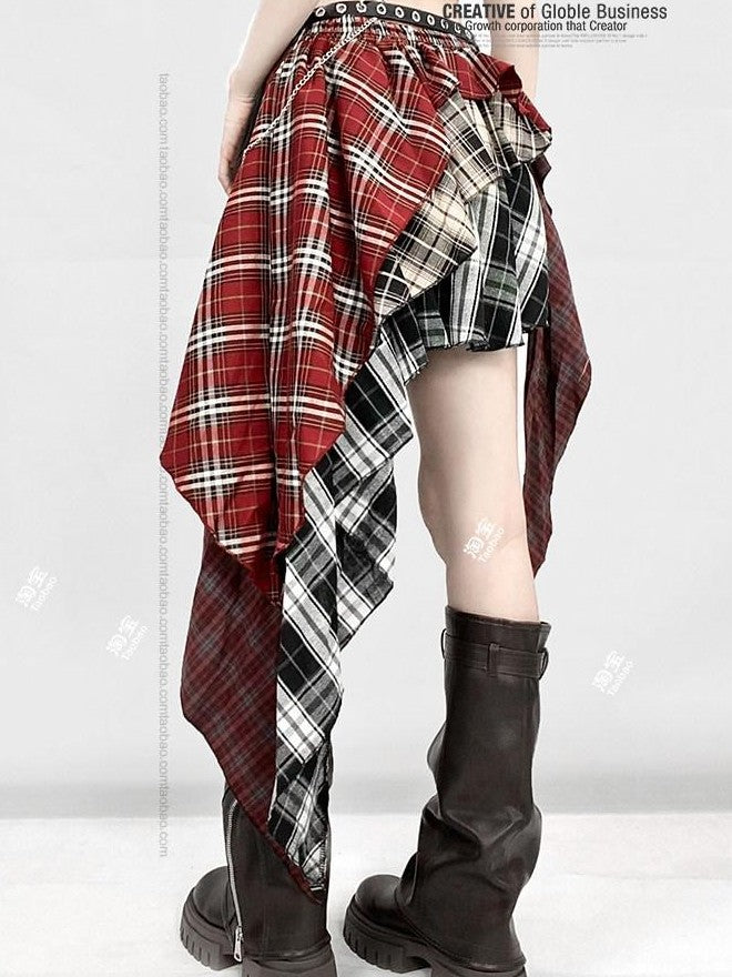 REDDACHIC Red Plaid Patchwork Asymmetrical Tiered Ruffle High Waist Women'S Maxi Skirts