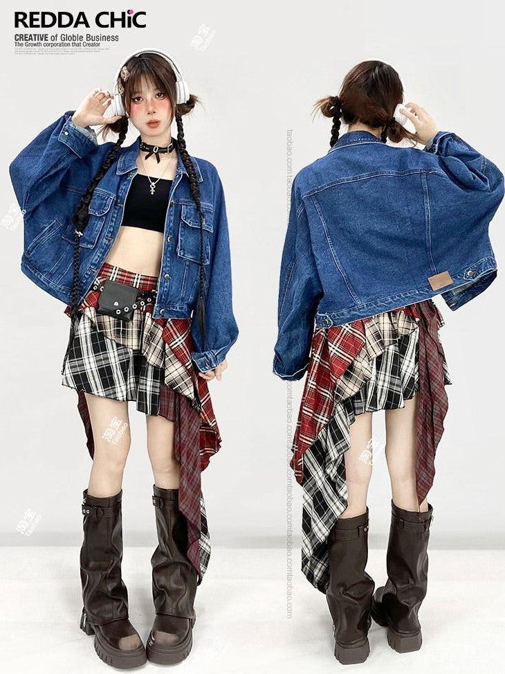 REDDACHIC Red Plaid Patchwork Asymmetrical Tiered Ruffle High Waist Women'S Maxi Skirts