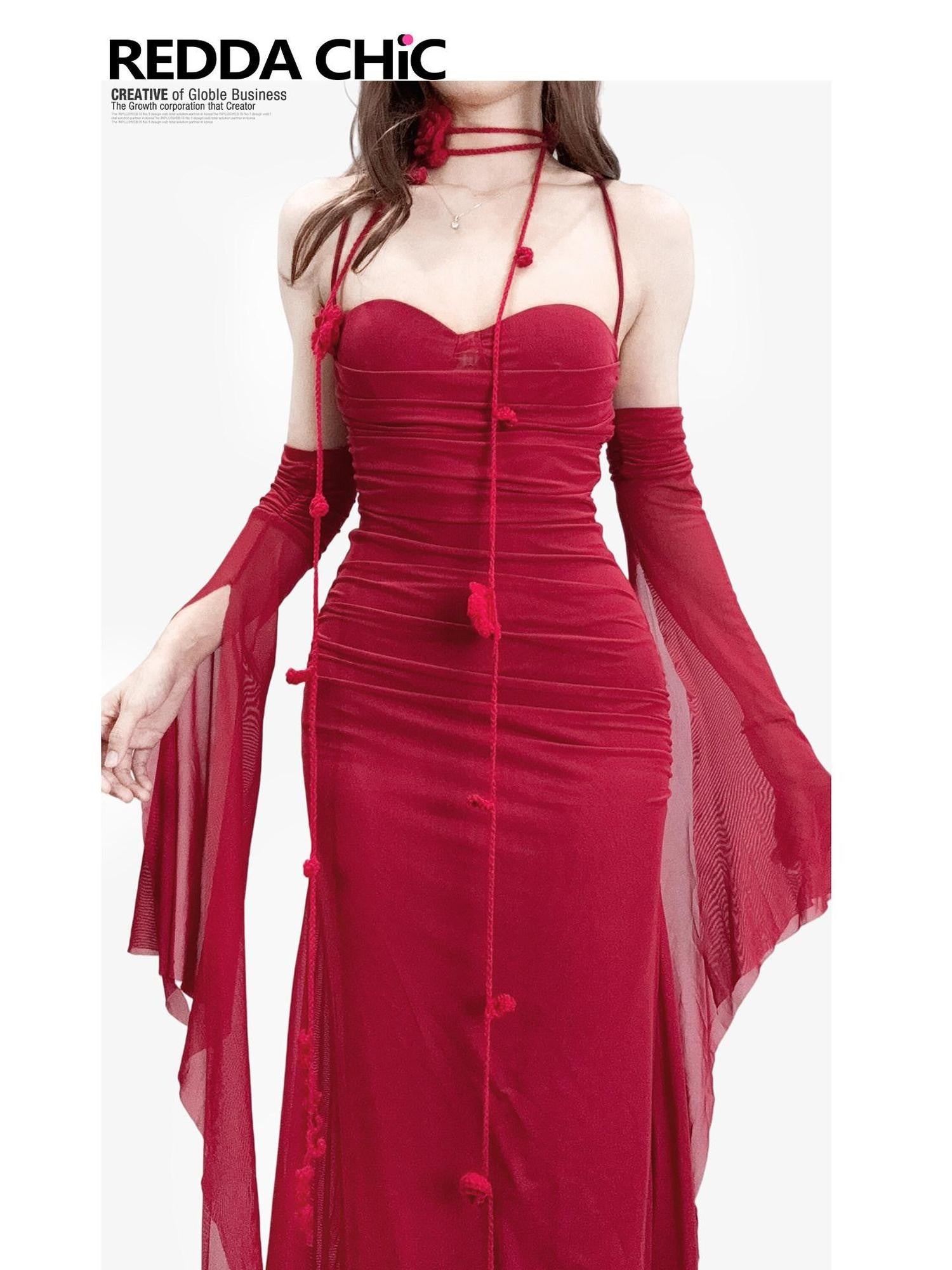 REDDACHIC Red Spaghetti Strap Bodycon Midi Hip Hugging Women'S Slip Maxi Dresses