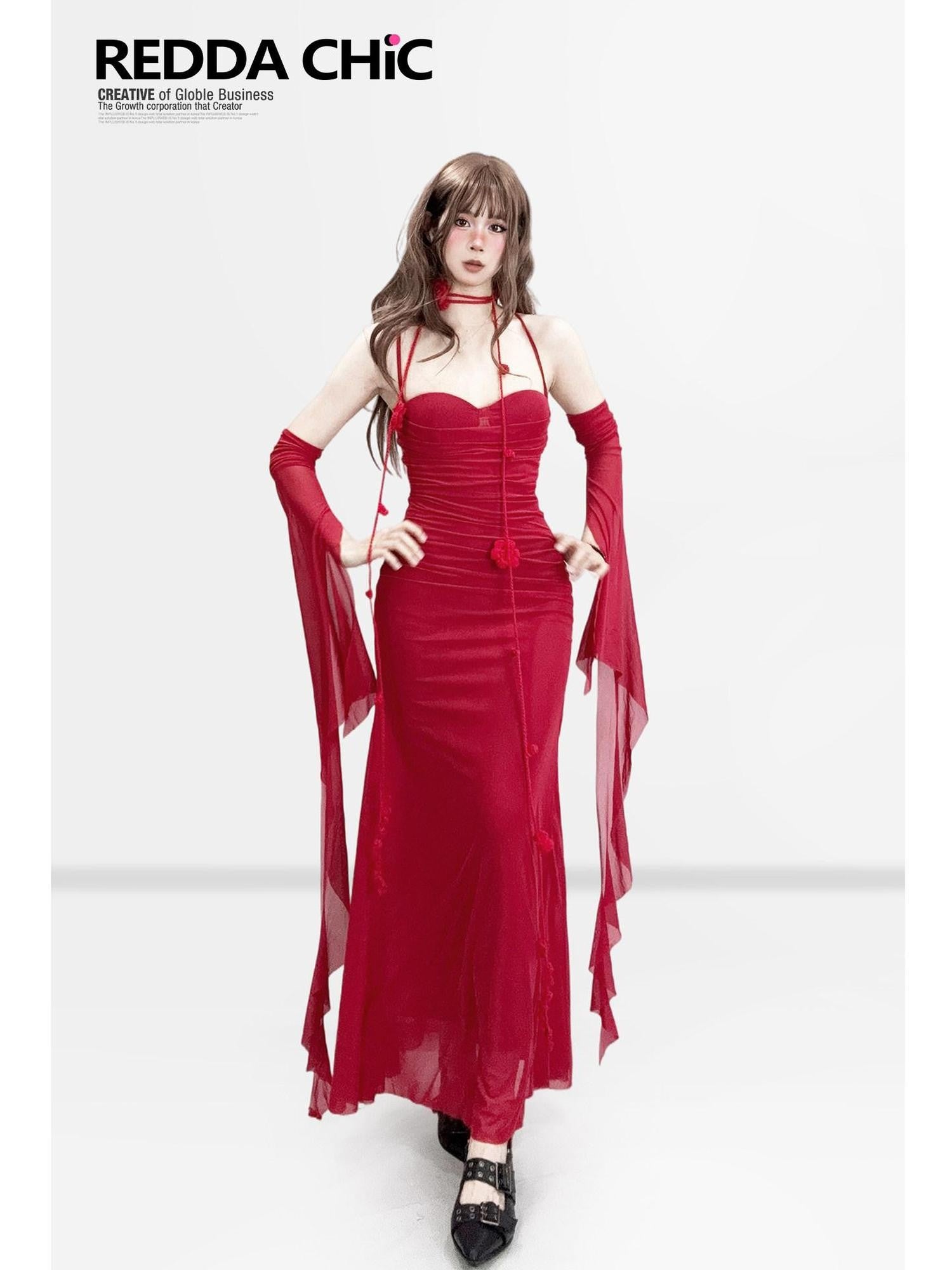 REDDACHIC Red Spaghetti Strap Bodycon Midi Hip Hugging Women'S Slip Maxi Dresses