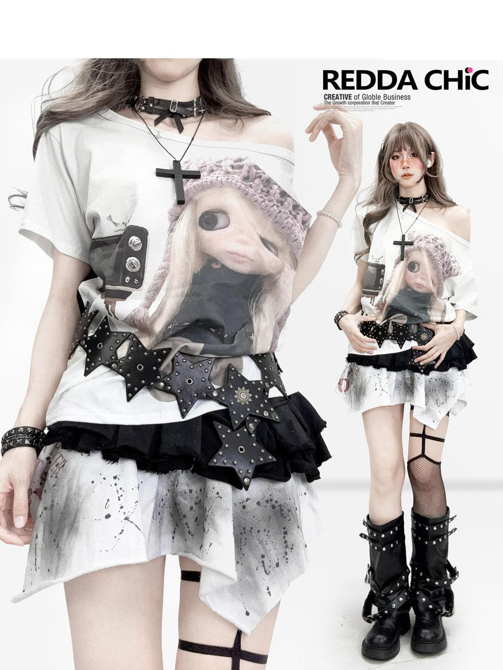 REDDACHIC Retro Cartoon Print One Shoulder Slant Neck Women'S Cotton Short Sleeve T-Shirts