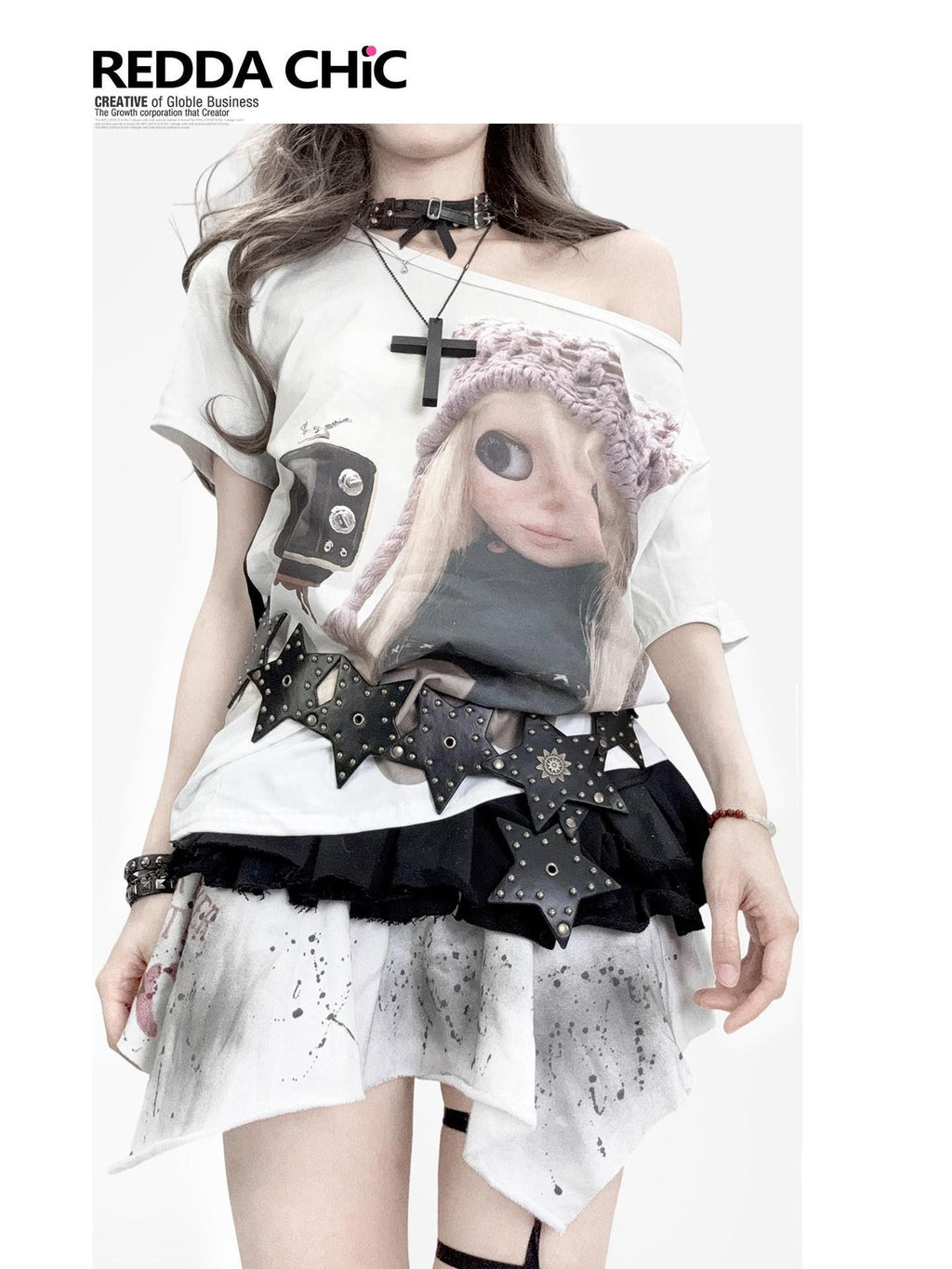 REDDACHIC Retro Cartoon Print One Shoulder Slant Neck Women'S Cotton Short Sleeve T-Shirts