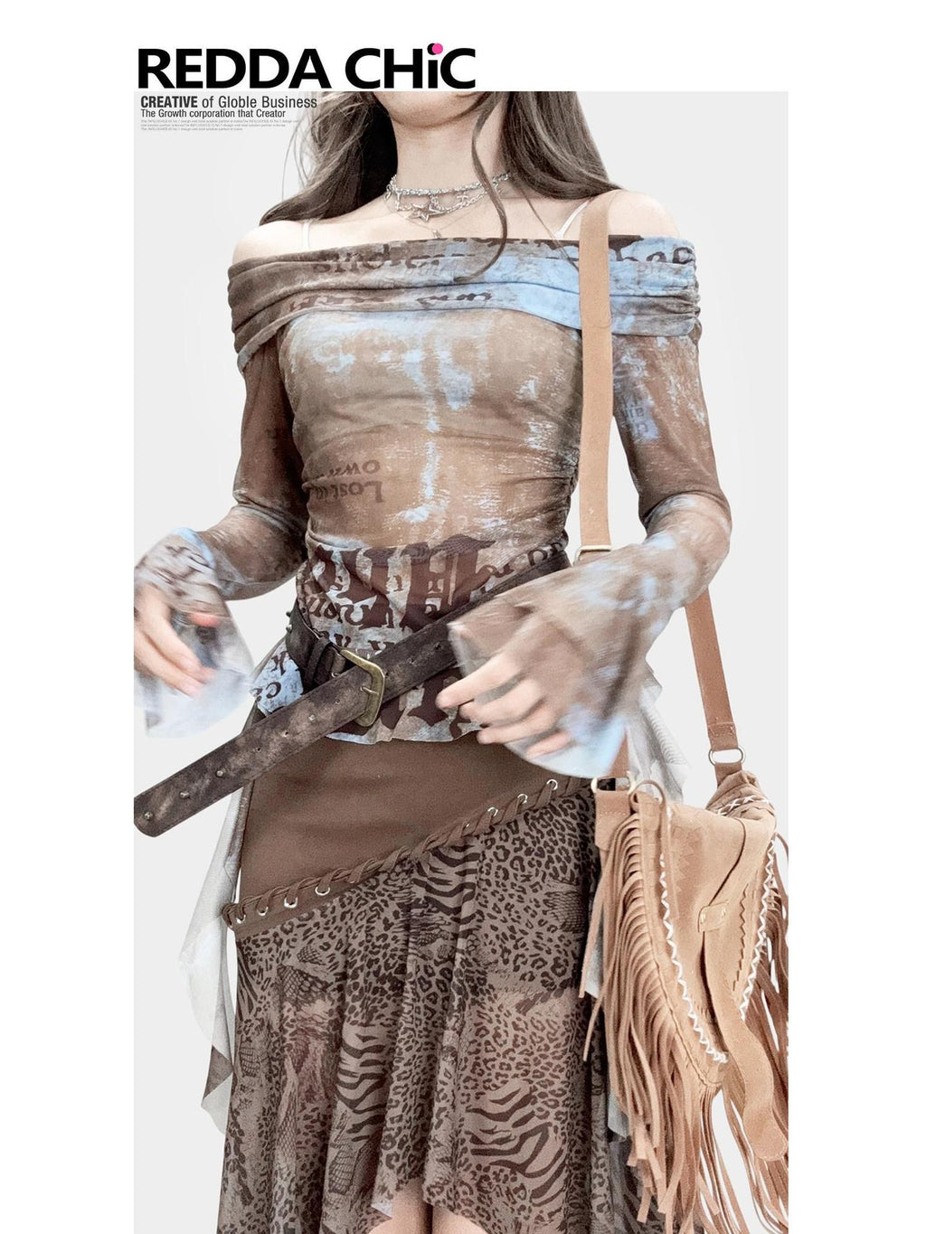 REDDACHIC Retro Gradient Print One Shoulder Fitted Waist Women'S Mesh Long Sleeve T-Shirts