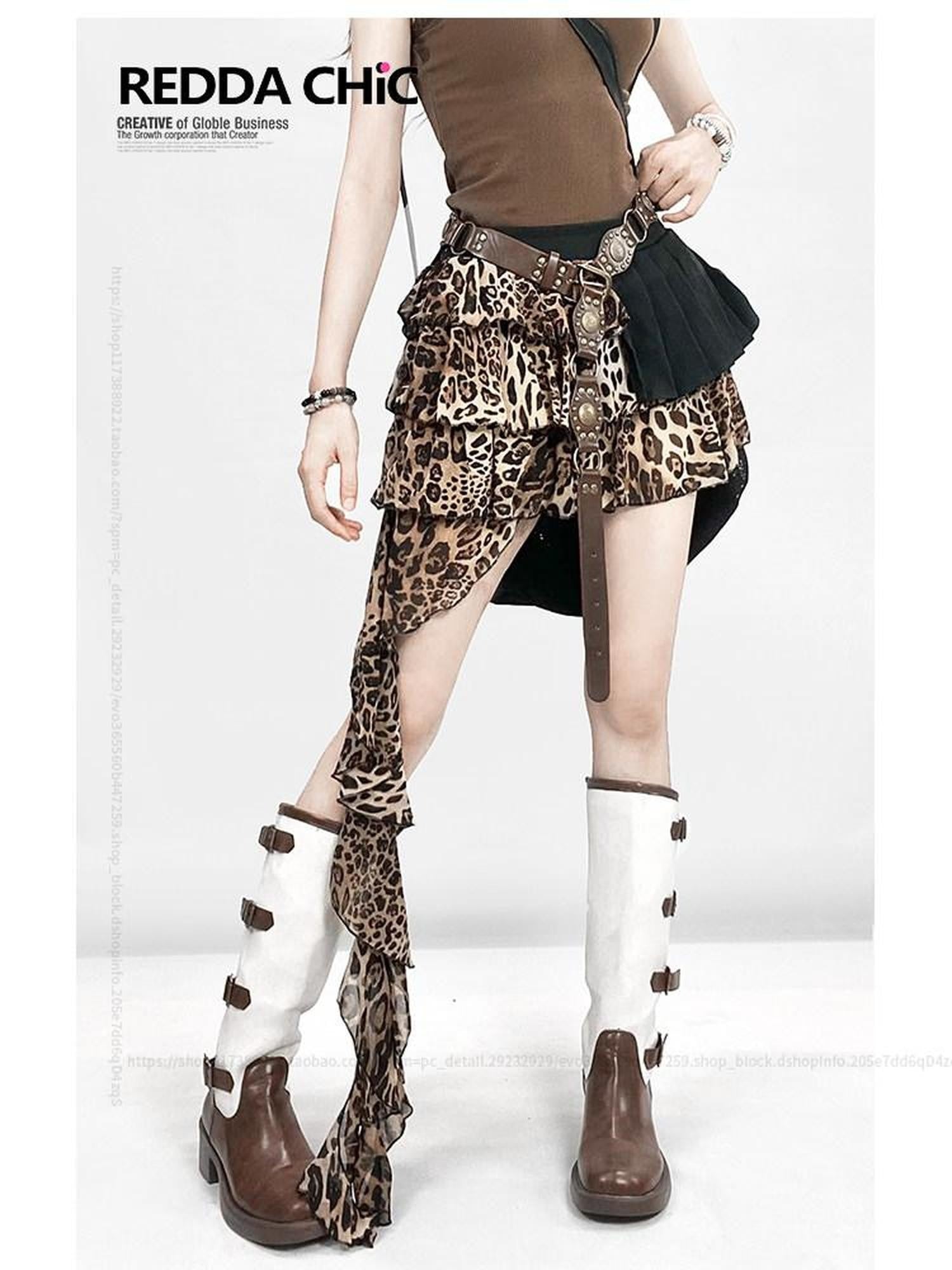 REDDACHIC Retro Leopard Tiered Patchwork Ruffle A Line Women'S Maxi Skirts