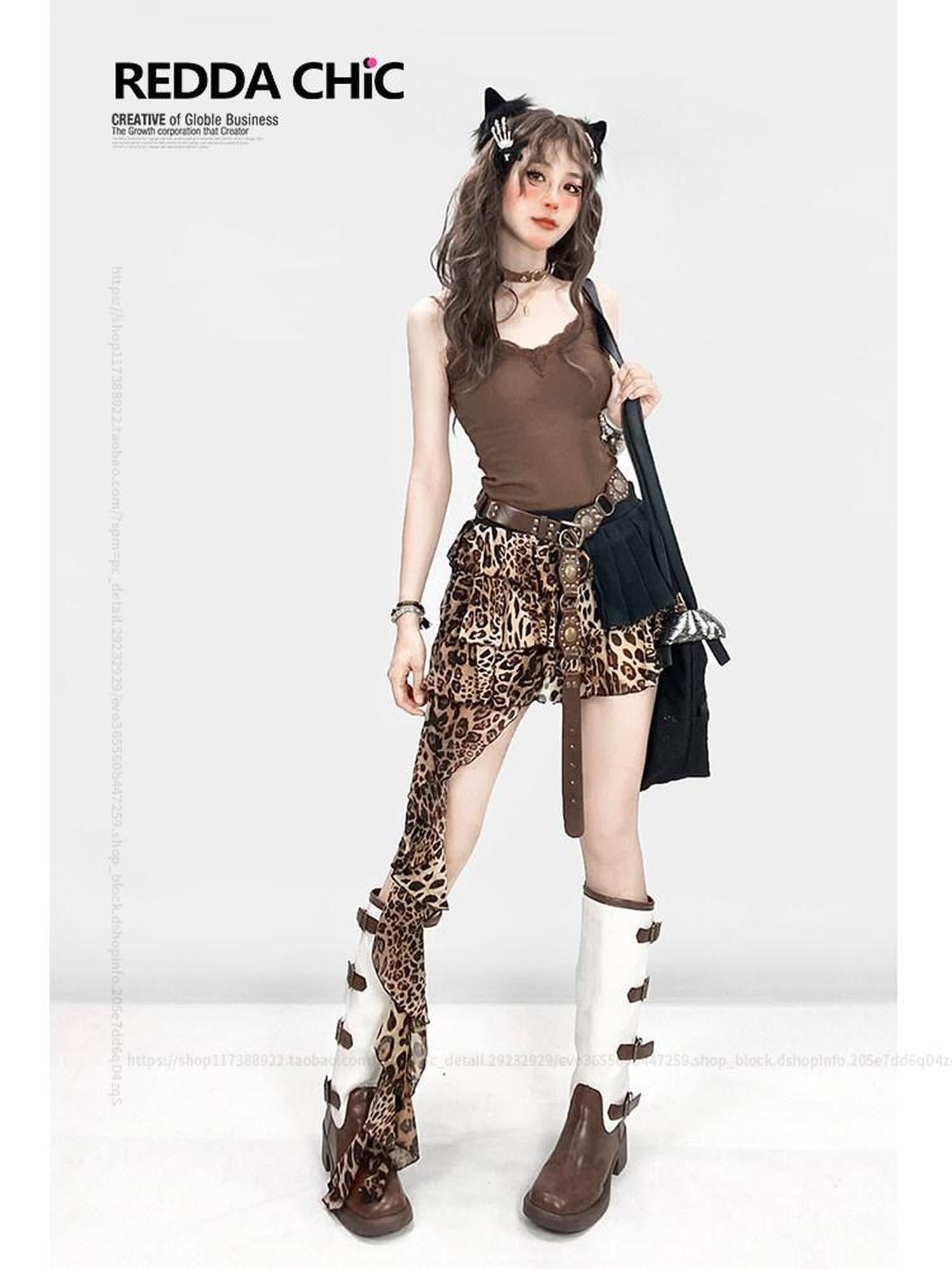 REDDACHIC Retro Leopard Tiered Patchwork Ruffle A Line Women'S Maxi Skirts