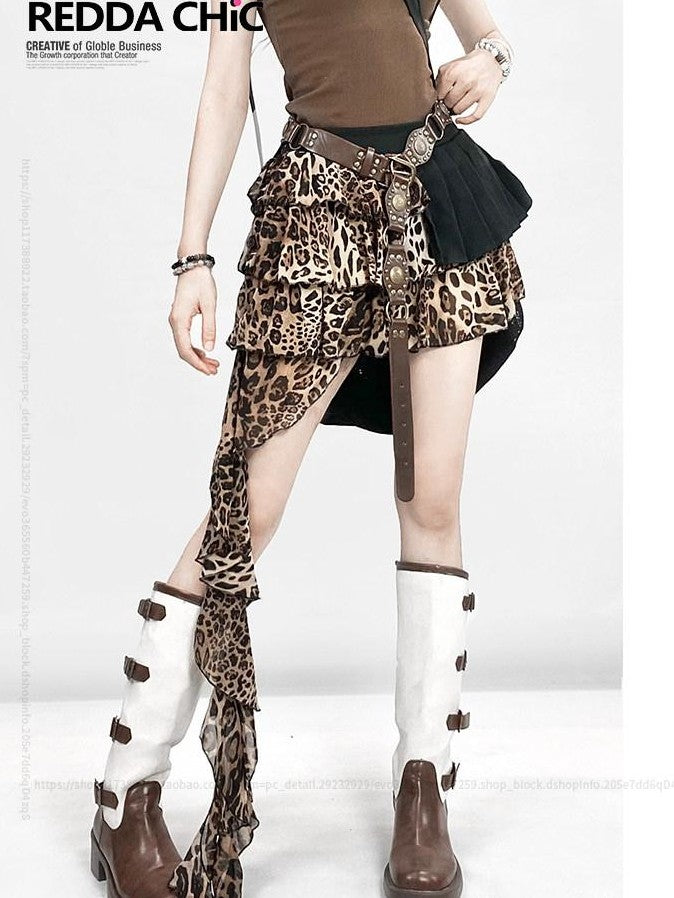 REDDACHIC Retro Leopard Tiered Patchwork Ruffle A Line Women'S Maxi Skirts
