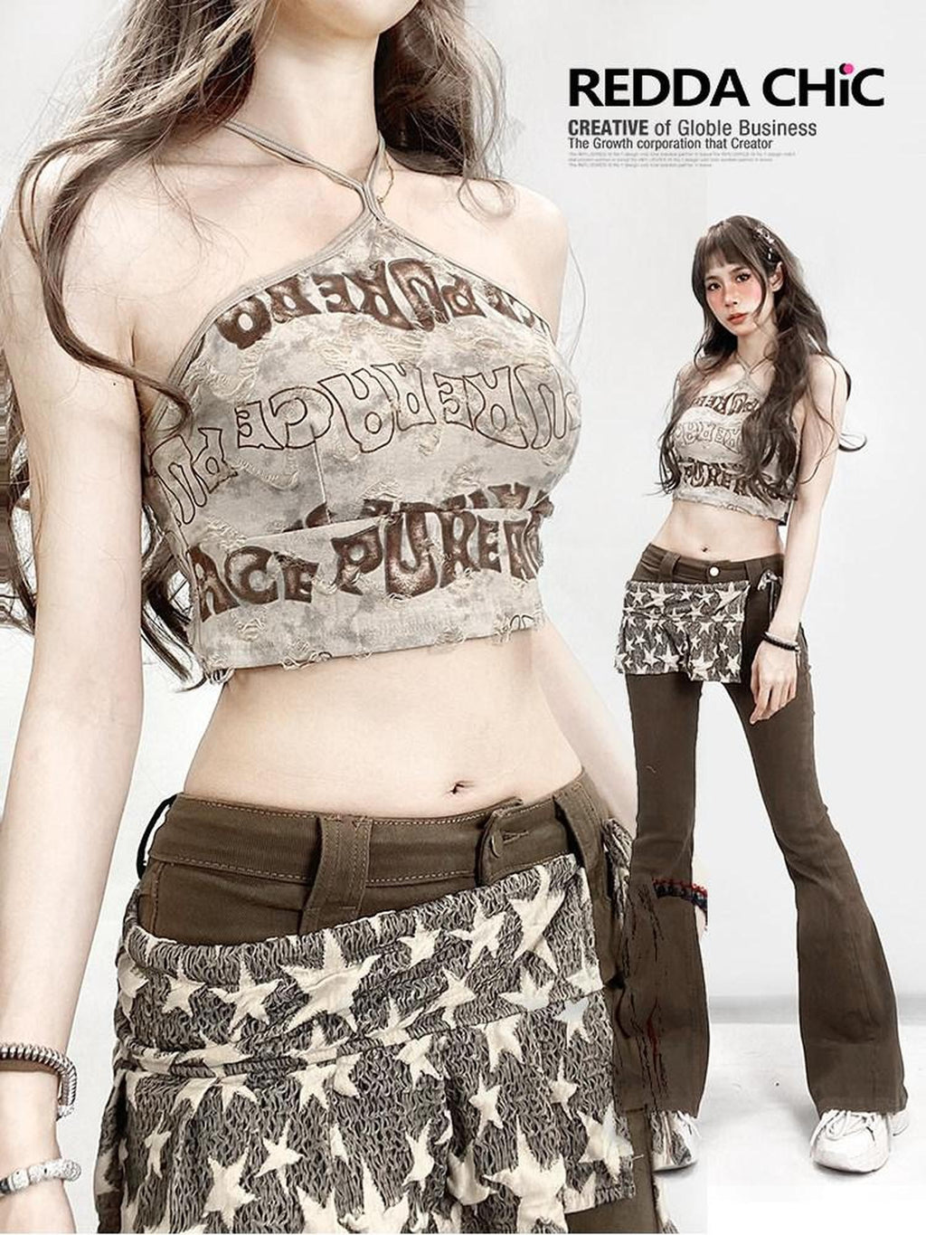 REDDACHIC Retro Letter Print Padded Halter Crop Fitted Women'S Camisoles
