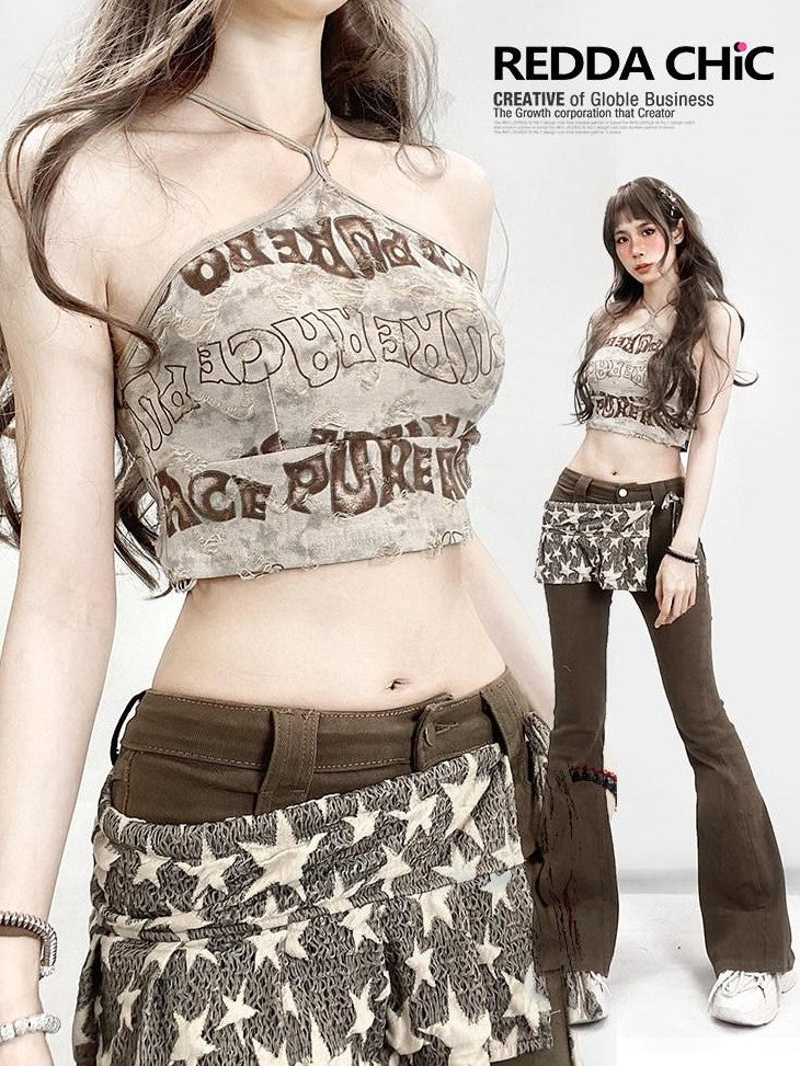 REDDACHIC Retro Letter Print Padded Halter Crop Fitted Women'S Camisoles