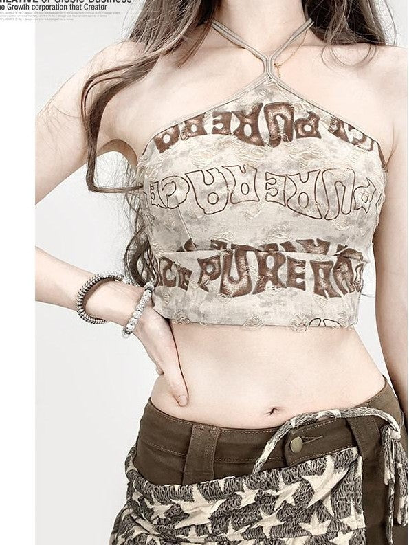 REDDACHIC Retro Letter Print Padded Halter Crop Fitted Women'S Camisoles