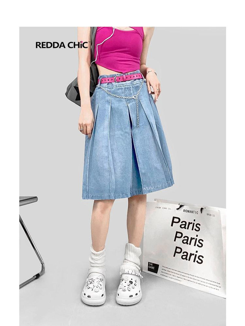REDDACHIC Retro Pleated A Line Ruffle Pockets Women'S Denim Midi Skirts