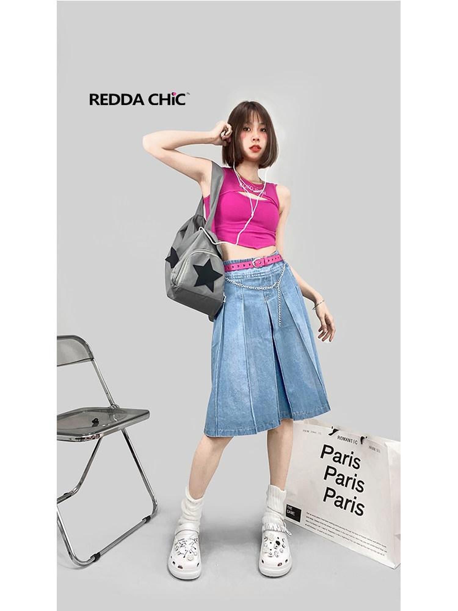 REDDACHIC Retro Pleated A Line Ruffle Pockets Women'S Denim Midi Skirts