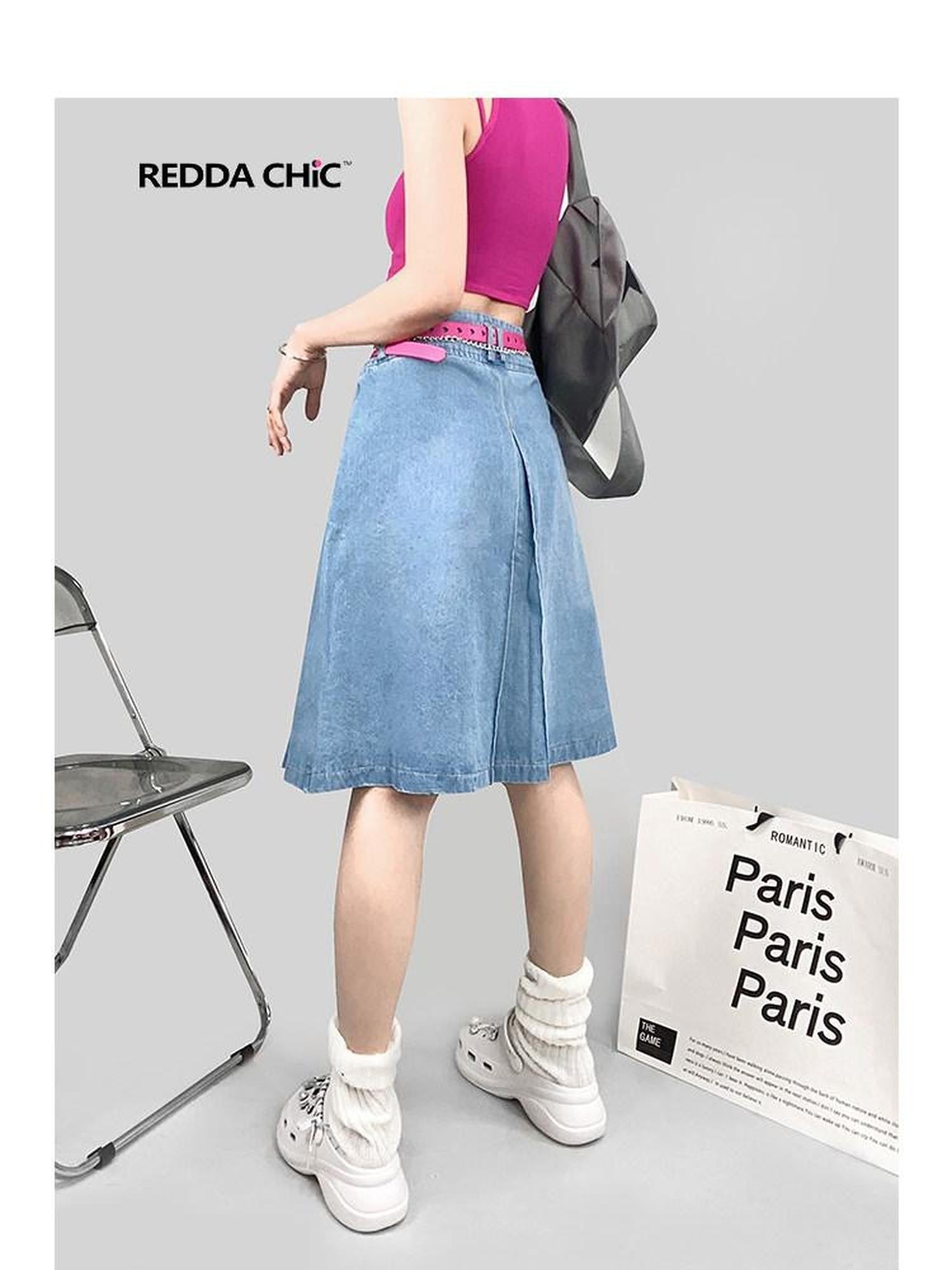 REDDACHIC Retro Pleated A Line Ruffle Pockets Women'S Denim Midi Skirts