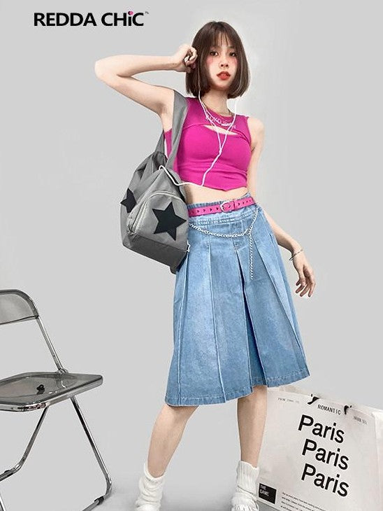 REDDACHIC Retro Pleated A Line Ruffle Pockets Women'S Denim Midi Skirts