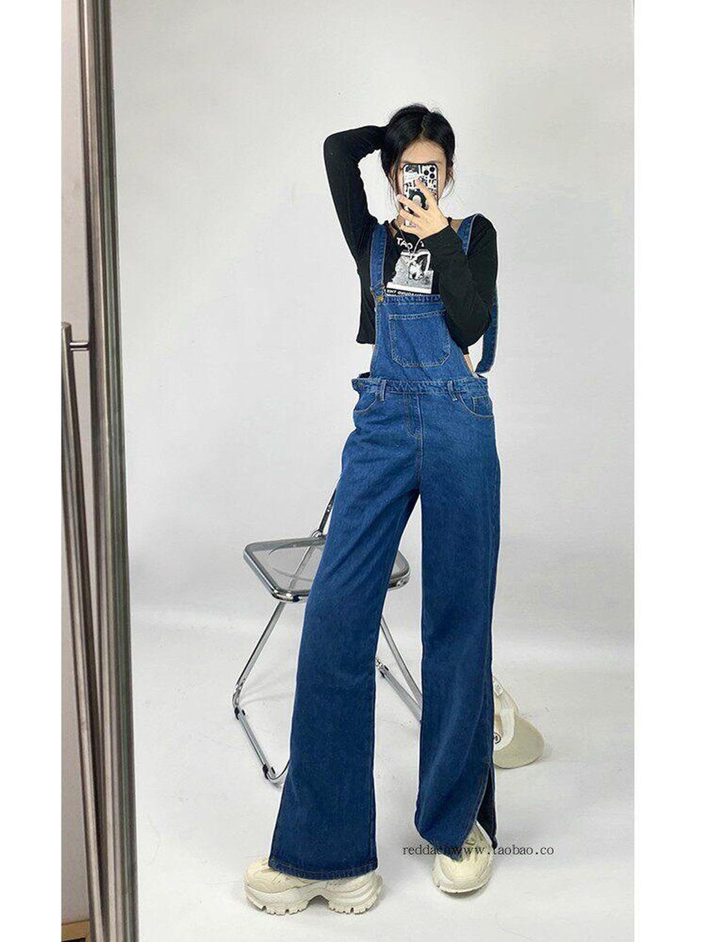 REDDACHIC Retro Vibe Suspender Slit High Waist Women'S Washed Denim Wide-Leg Jeans