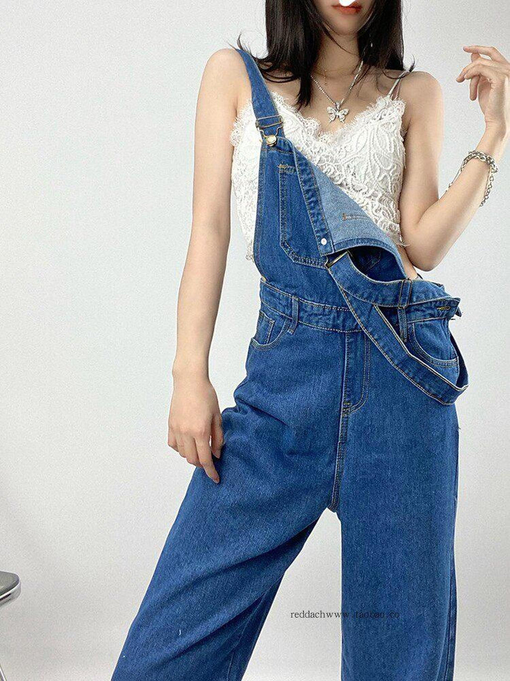 REDDACHIC Retro Vibe Suspender Slit High Waist Women'S Washed Denim Wide-Leg Jeans