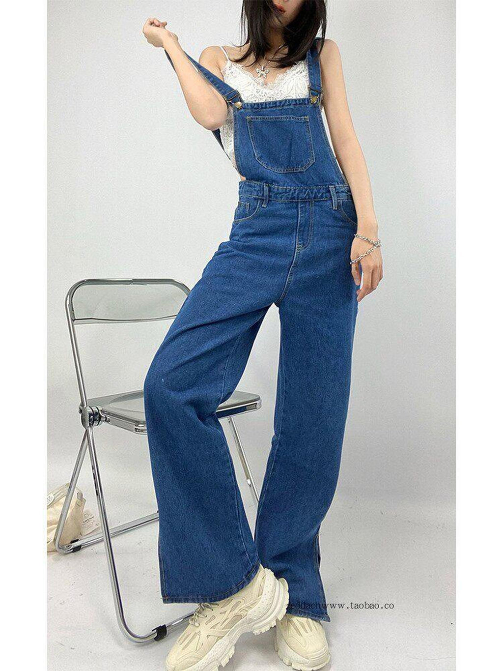 REDDACHIC Retro Vibe Suspender Slit High Waist Women'S Washed Denim Wide-Leg Jeans