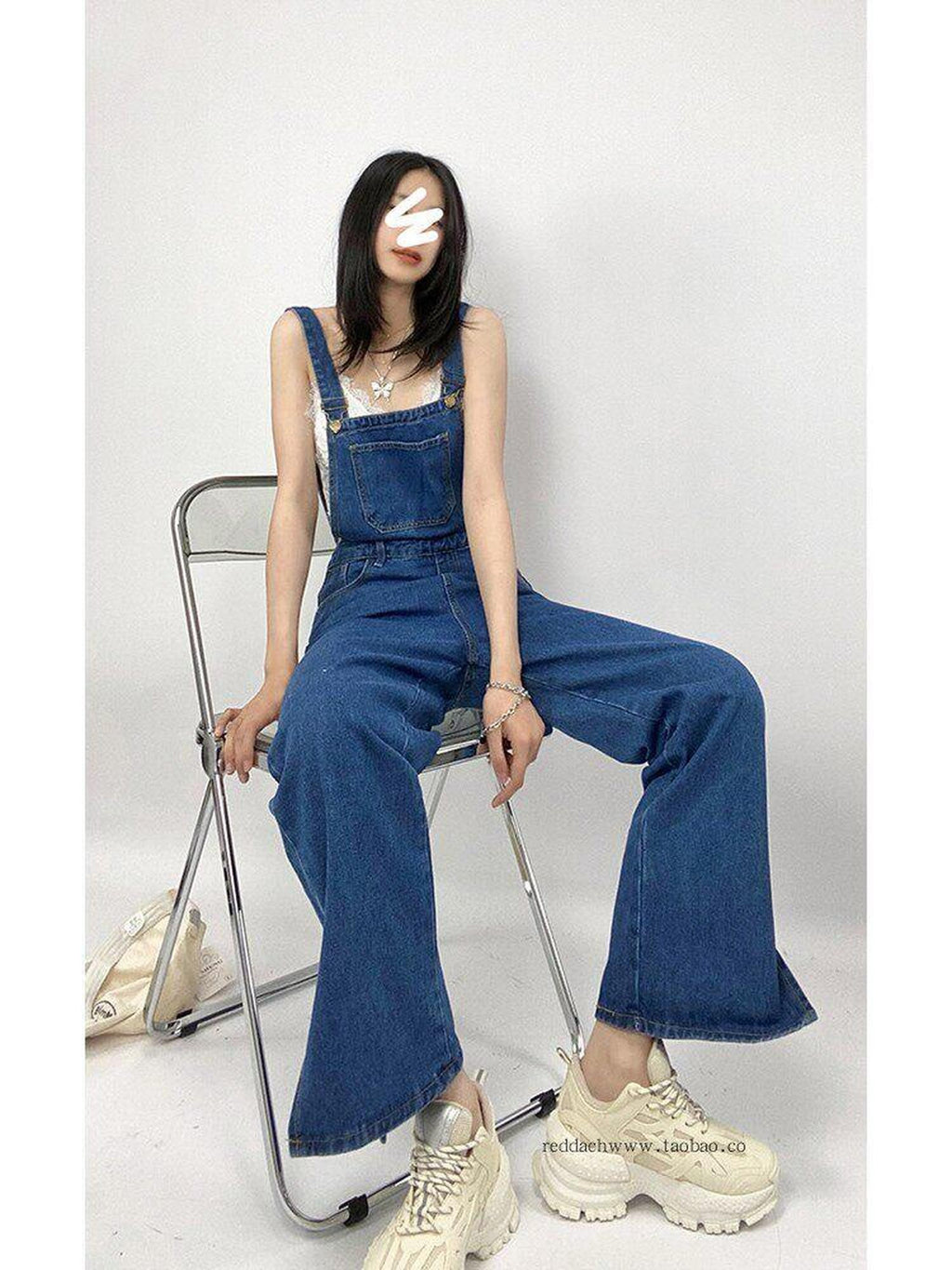 REDDACHIC Retro Vibe Suspender Slit High Waist Women'S Washed Denim Wide-Leg Jeans