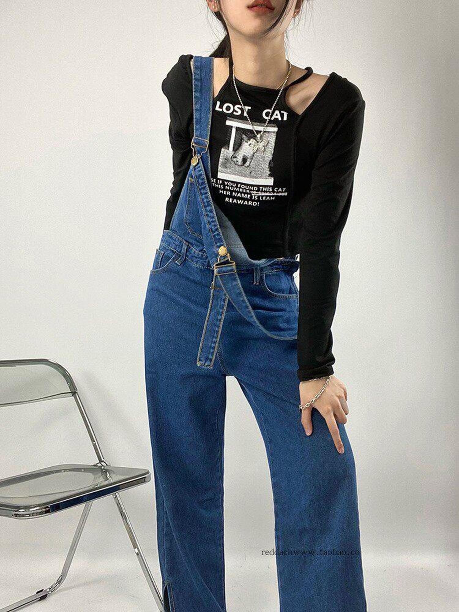 REDDACHIC Retro Vibe Suspender Slit High Waist Women'S Washed Denim Wide-Leg Jeans