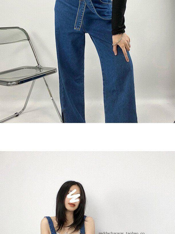 REDDACHIC Retro Vibe Suspender Slit High Waist Women'S Washed Denim Wide-Leg Jeans