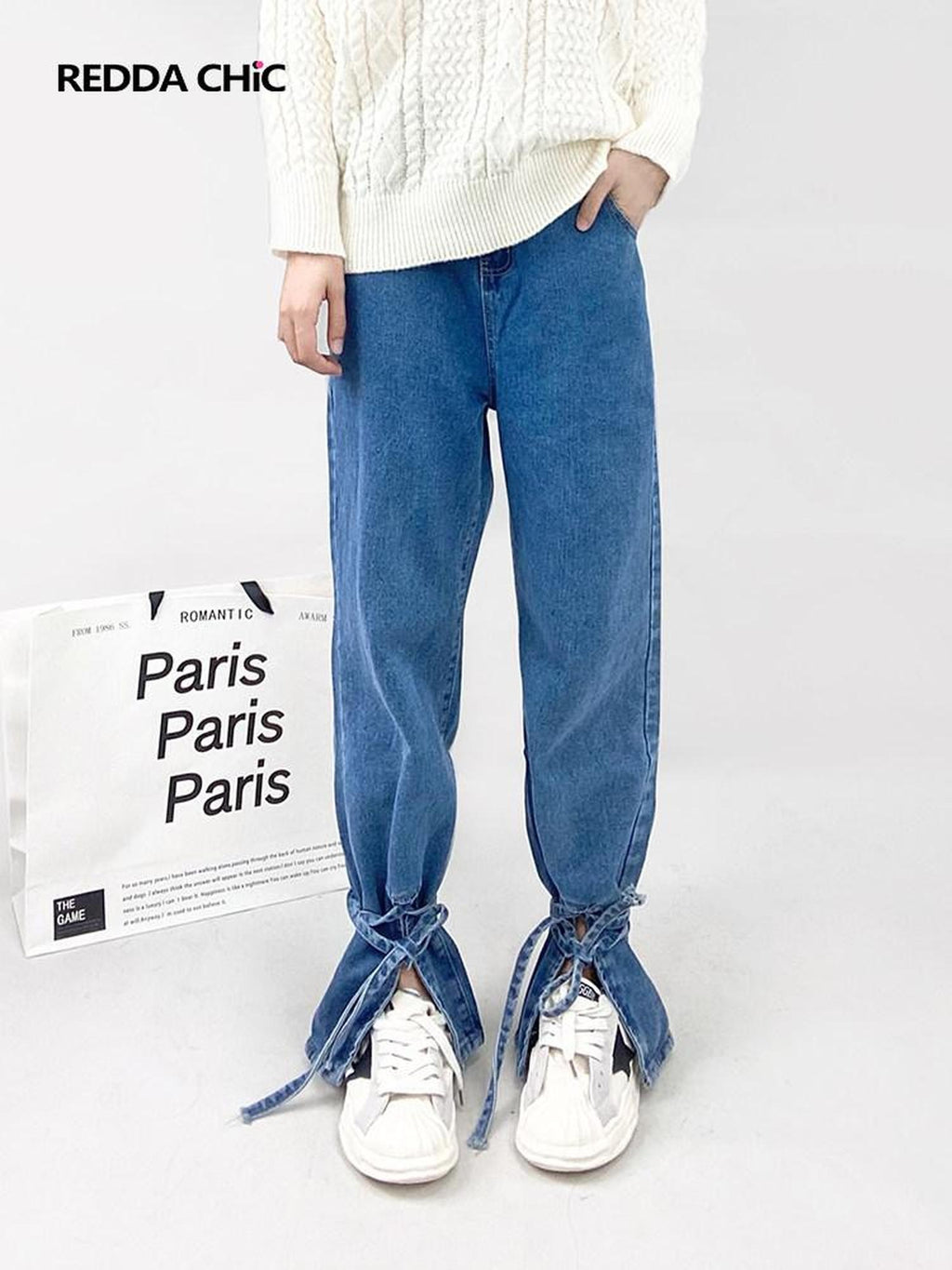 REDDACHIC Retro Vintage Split Tie High Waist Women'S Denim Wide-Leg Jeans