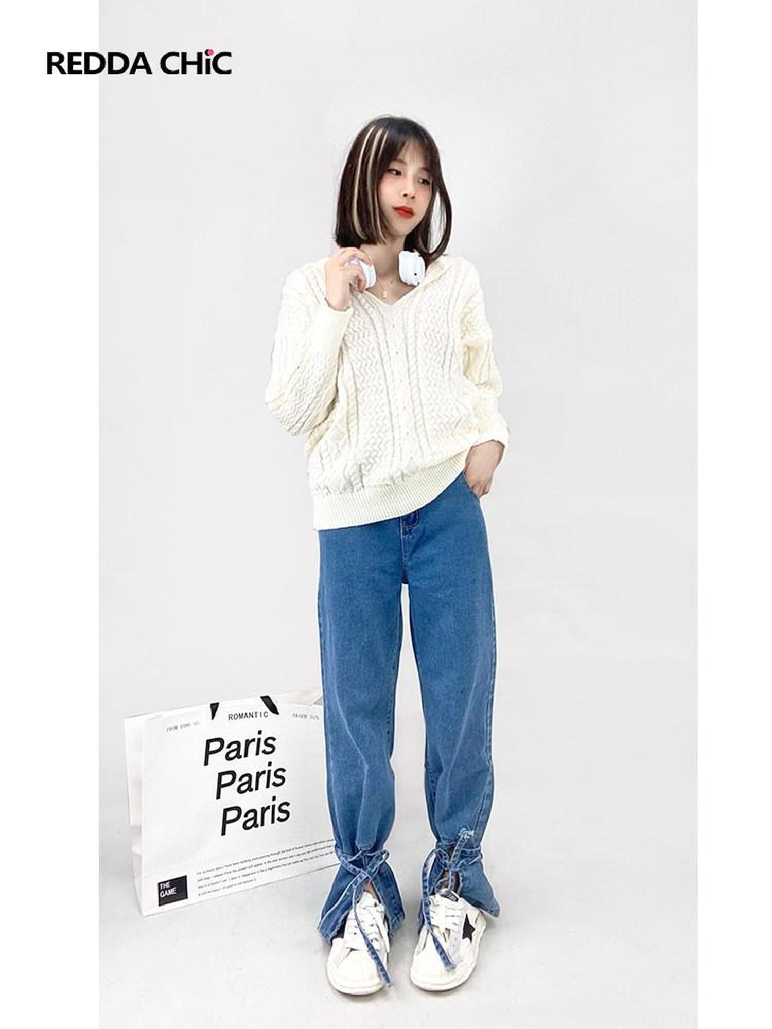 REDDACHIC Retro Vintage Split Tie High Waist Women'S Denim Wide-Leg Jeans