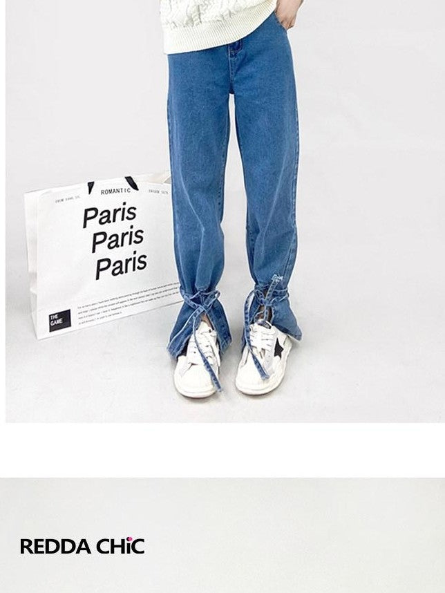 REDDACHIC Retro Vintage Split Tie High Waist Women'S Denim Wide-Leg Jeans
