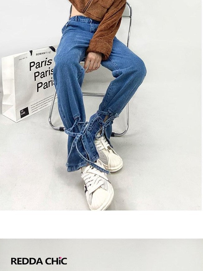 REDDACHIC Retro Vintage Split Tie High Waist Women'S Denim Wide-Leg Jeans