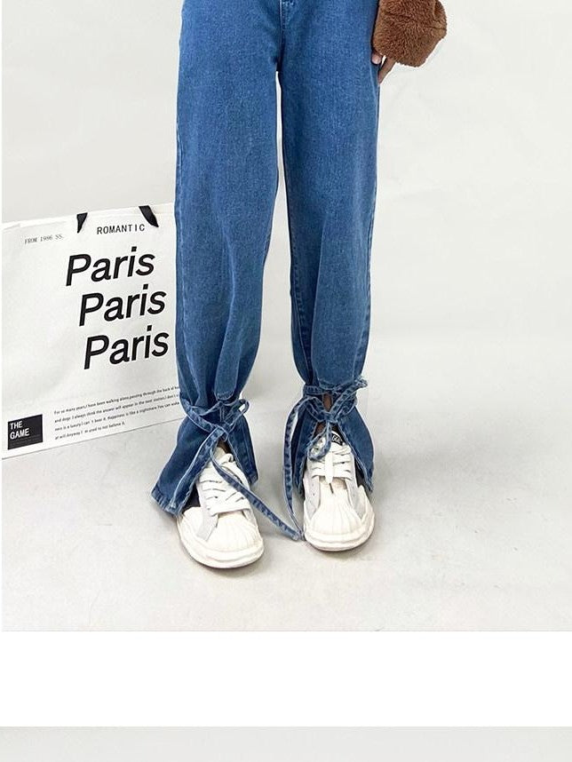 REDDACHIC Retro Vintage Split Tie High Waist Women'S Denim Wide-Leg Jeans