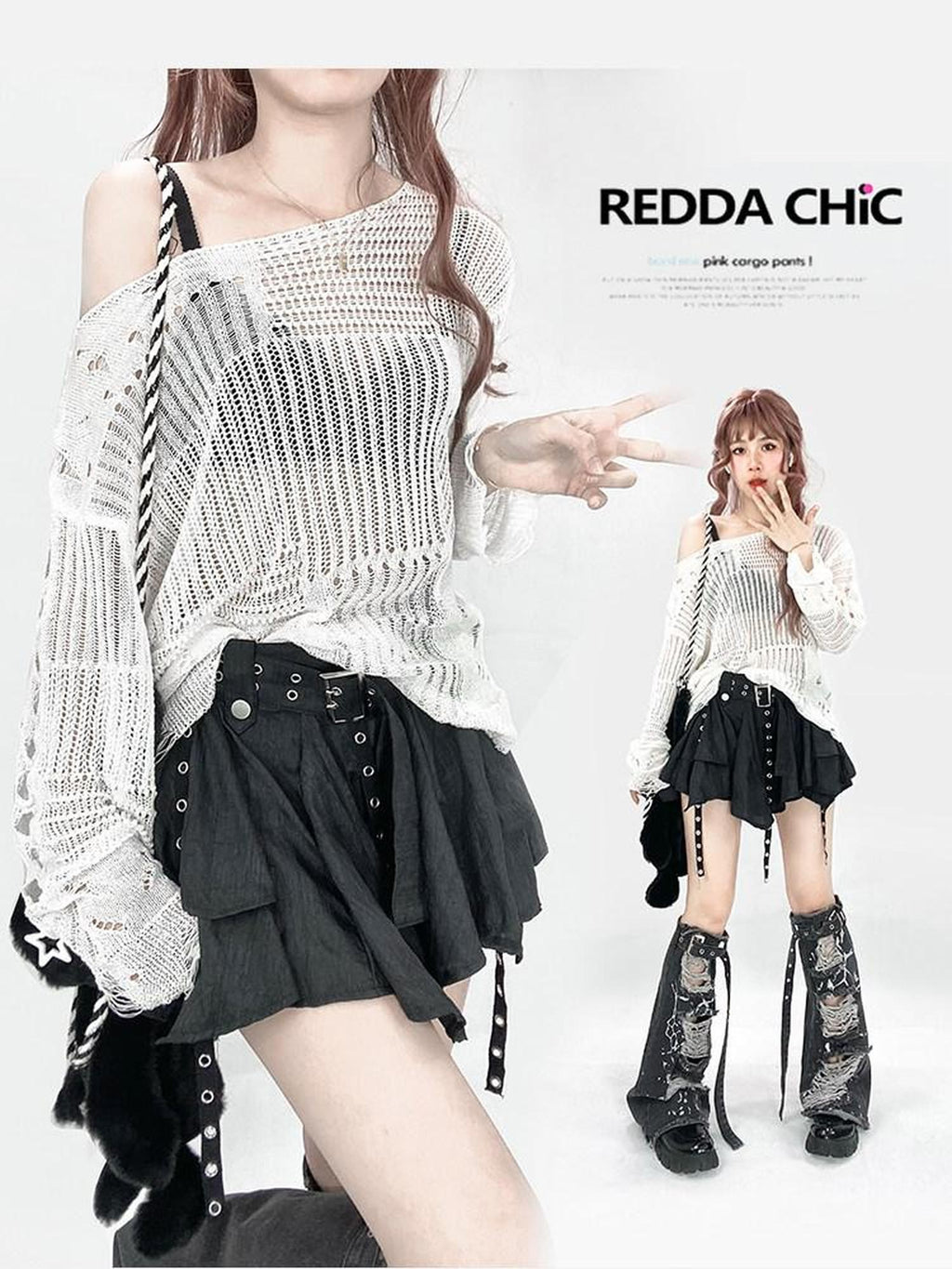 REDDACHIC Ripped Cutout Mesh Asymmetric Neck Women'S Recycled Knit Long Sleeve T-Shirts
