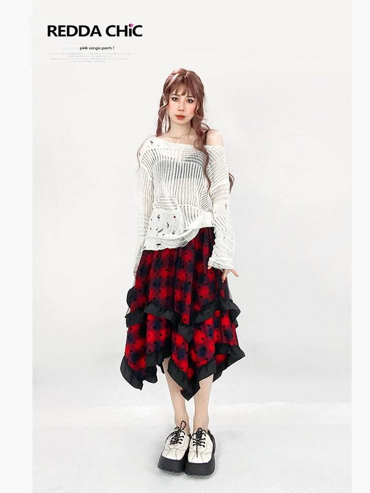 REDDACHIC Ripped Cutout Mesh Asymmetric Neck Women'S Recycled Knit Long Sleeve T-Shirts