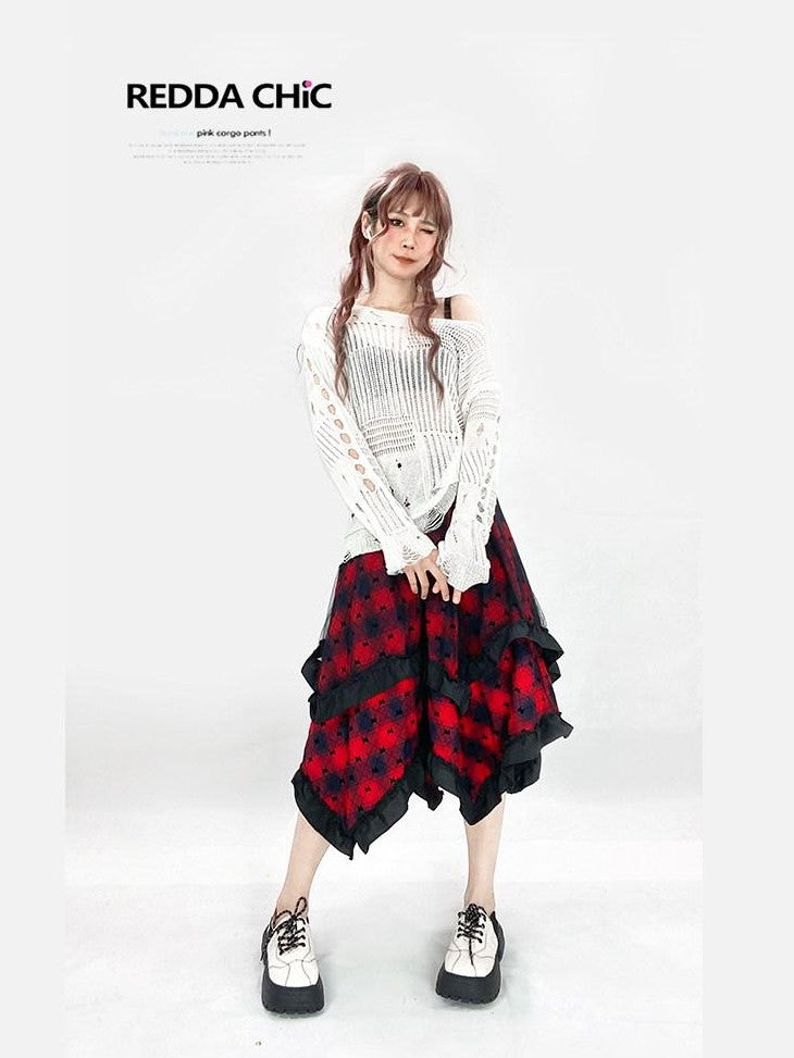REDDACHIC Ripped Cutout Mesh Asymmetric Neck Women'S Recycled Knit Long Sleeve T-Shirts