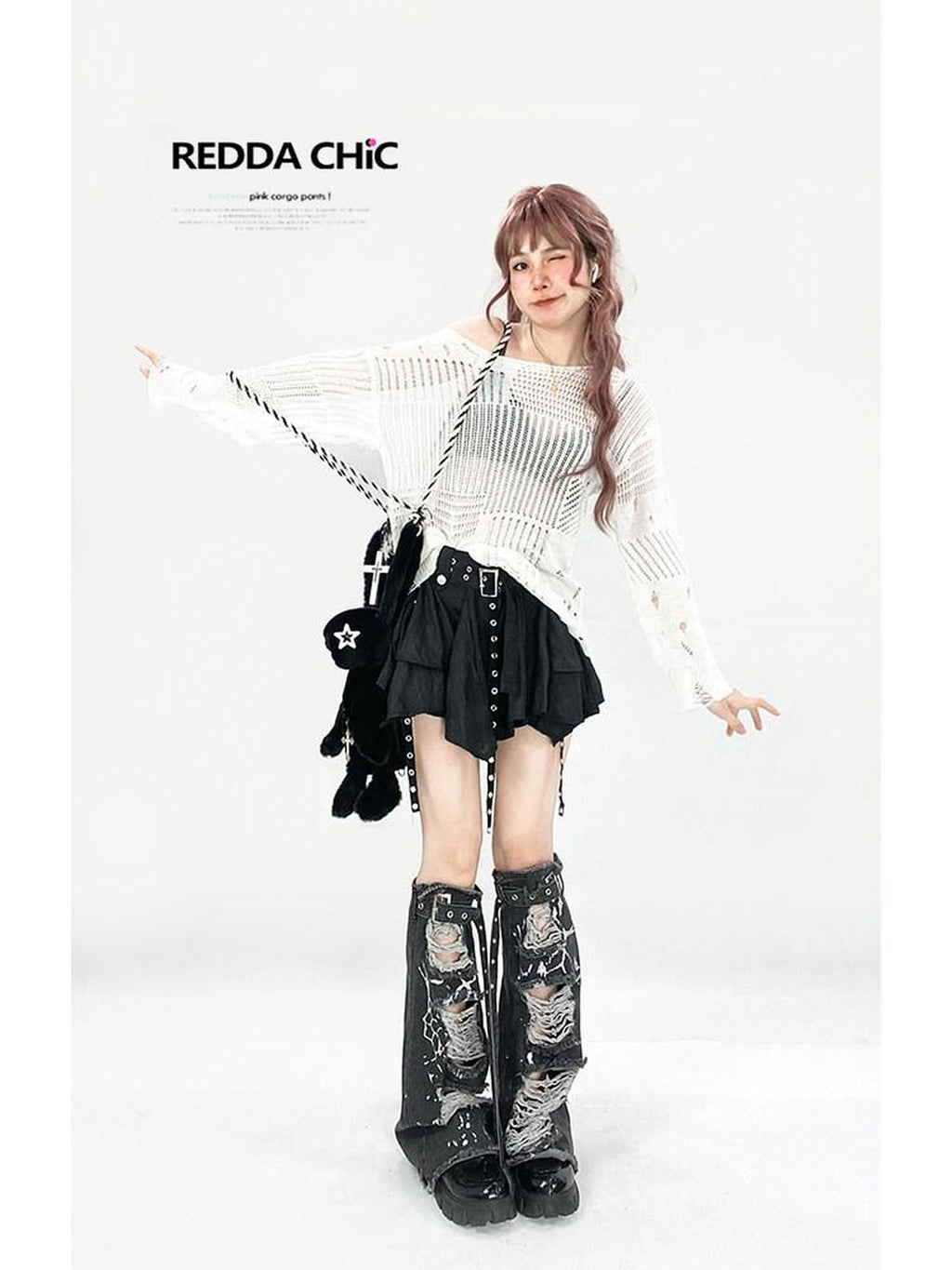 REDDACHIC Ripped Cutout Mesh Asymmetric Neck Women'S Recycled Knit Long Sleeve T-Shirts