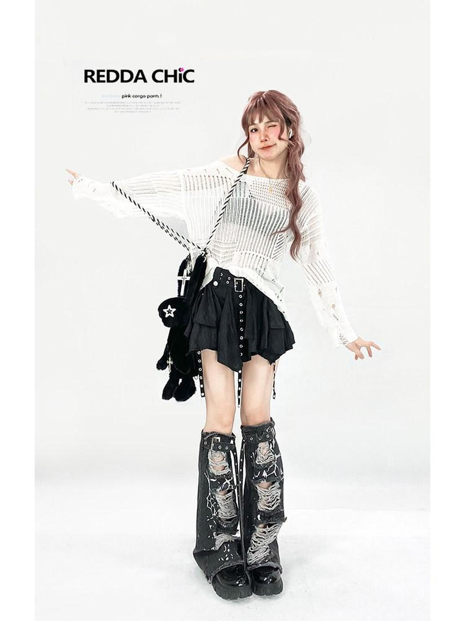 REDDACHIC Ripped Cutout Mesh Asymmetric Neck Women'S Recycled Knit Long Sleeve T-Shirts