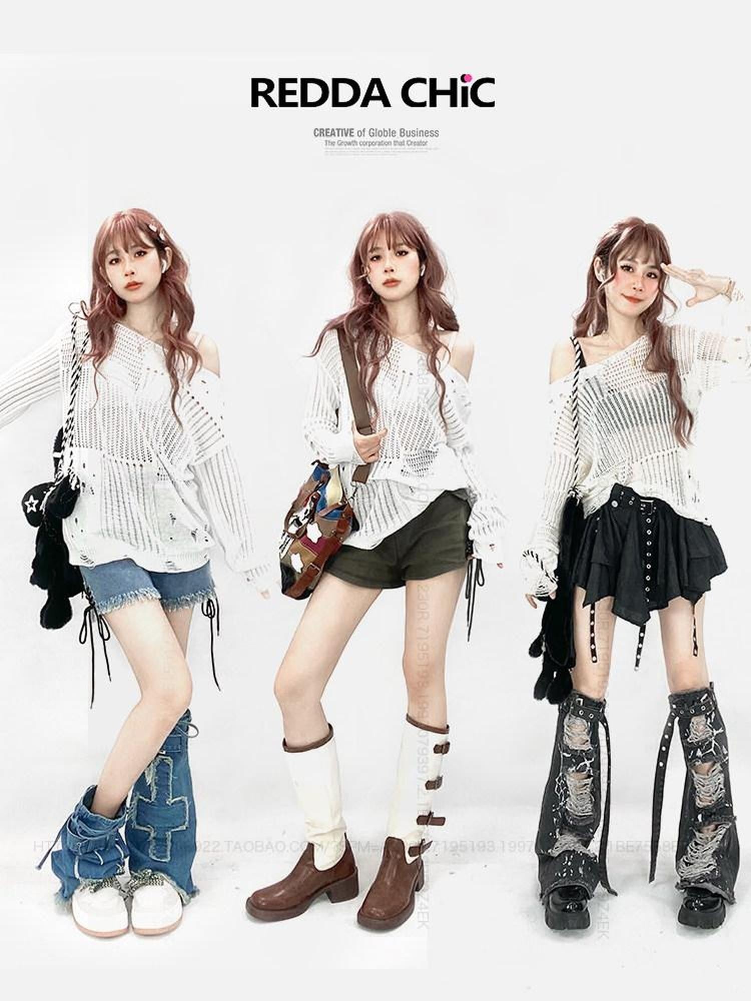 REDDACHIC Ripped Cutout Mesh Asymmetric Neck Women'S Recycled Knit Long Sleeve T-Shirts