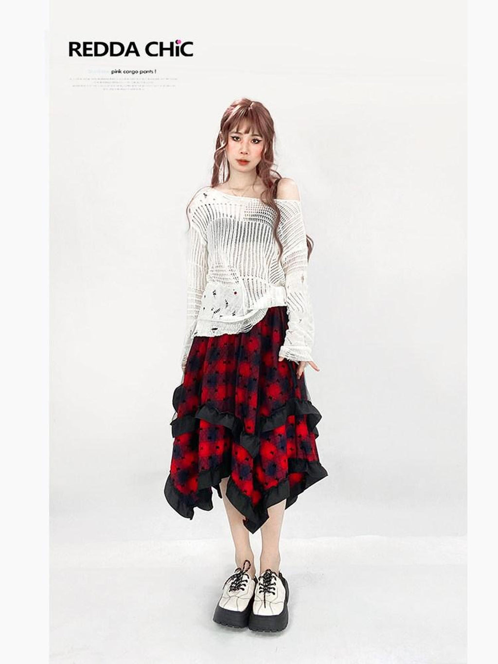 REDDACHIC Ripped Cutout Mesh Asymmetric Neck Women'S Recycled Knit Long Sleeve T-Shirts