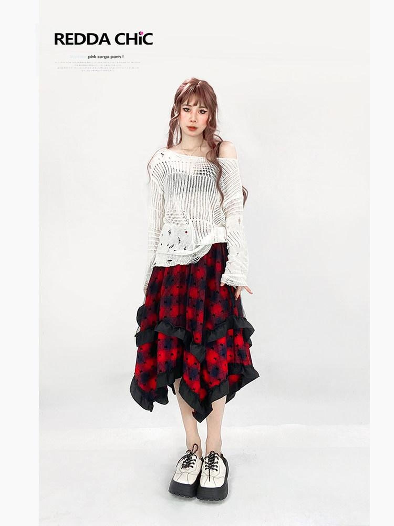 REDDACHIC Ripped Cutout Mesh Asymmetric Neck Women'S Recycled Knit Long Sleeve T-Shirts