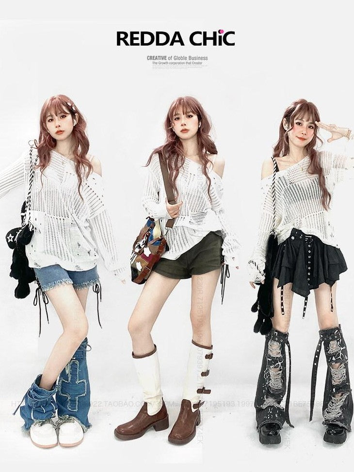 REDDACHIC Ripped Cutout Mesh Asymmetric Neck Women'S Recycled Knit Long Sleeve T-Shirts