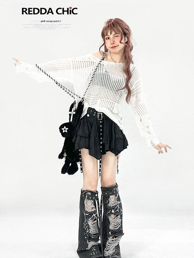 REDDACHIC Ripped Cutout Mesh Asymmetric Neck Women'S Recycled Knit Long Sleeve T-Shirts