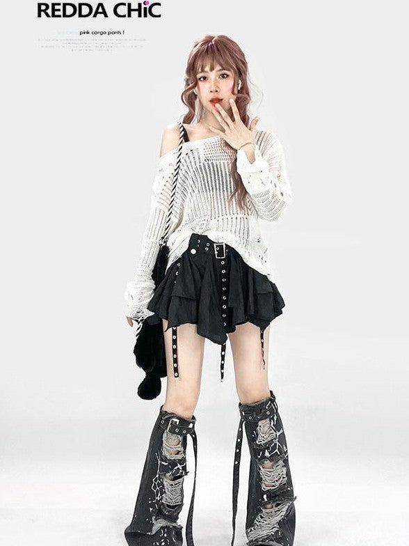 REDDACHIC Ripped Cutout Mesh Asymmetric Neck Women'S Recycled Knit Long Sleeve T-Shirts