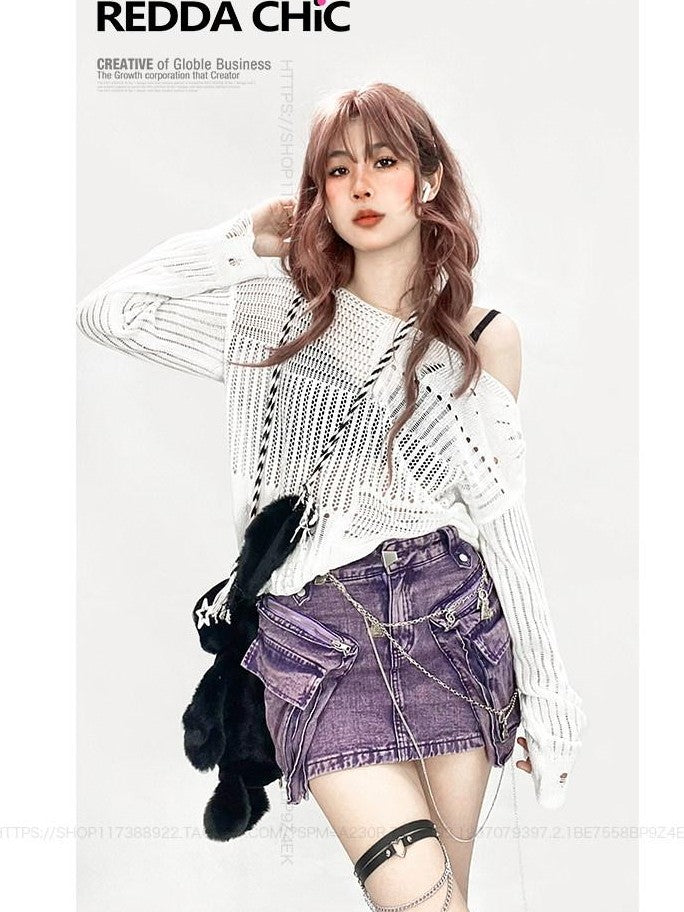REDDACHIC Ripped Cutout Mesh Asymmetric Neck Women'S Recycled Knit Long Sleeve T-Shirts