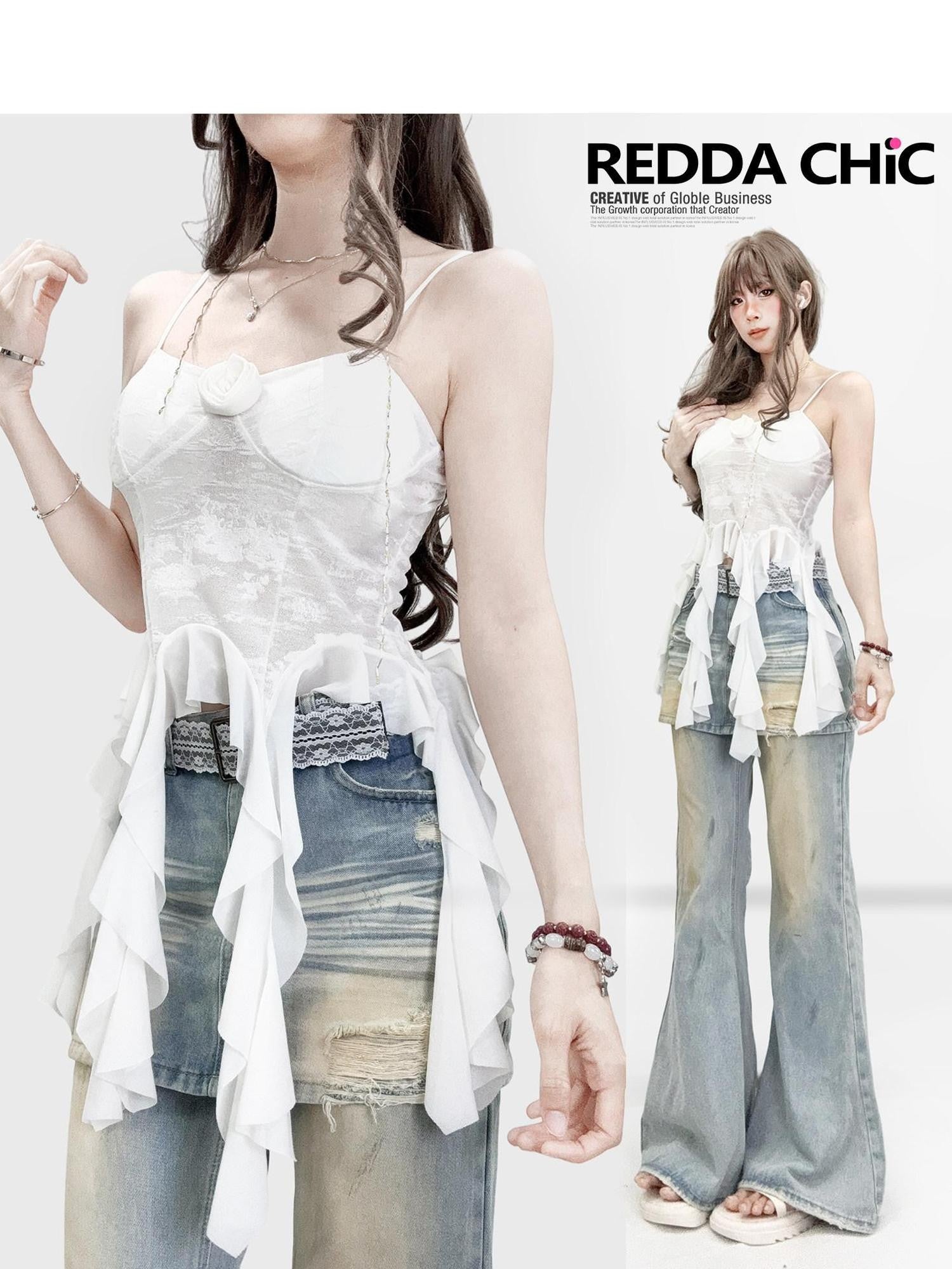 REDDACHIC Ruffle Asymmetric Padded Women'S Lace Waist Cinch Slip Mini Dresses