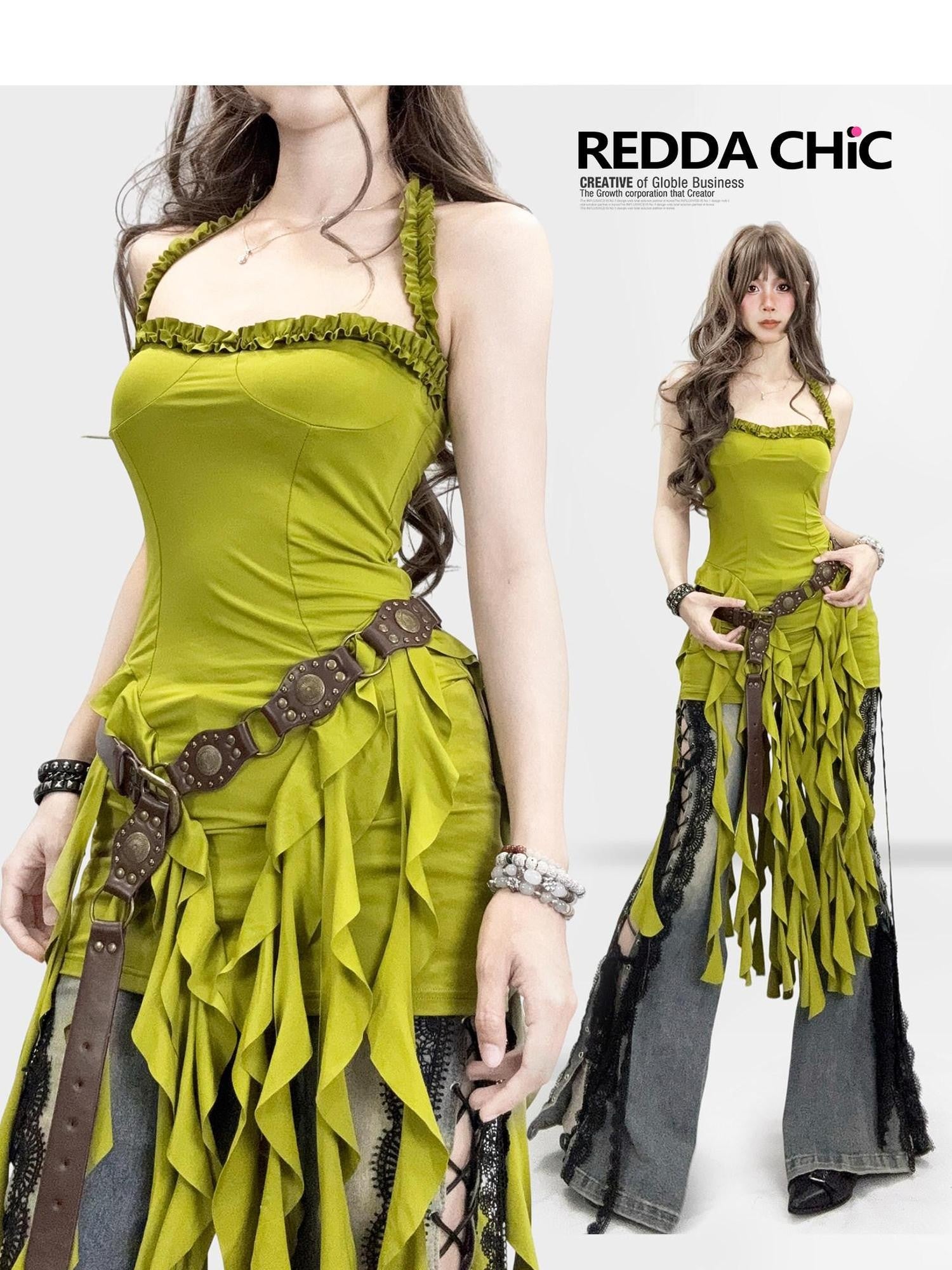 REDDACHIC Sage Green Ruffle Halter Asymmetric Vintage Women'S Polyester Slip Midi Dresses