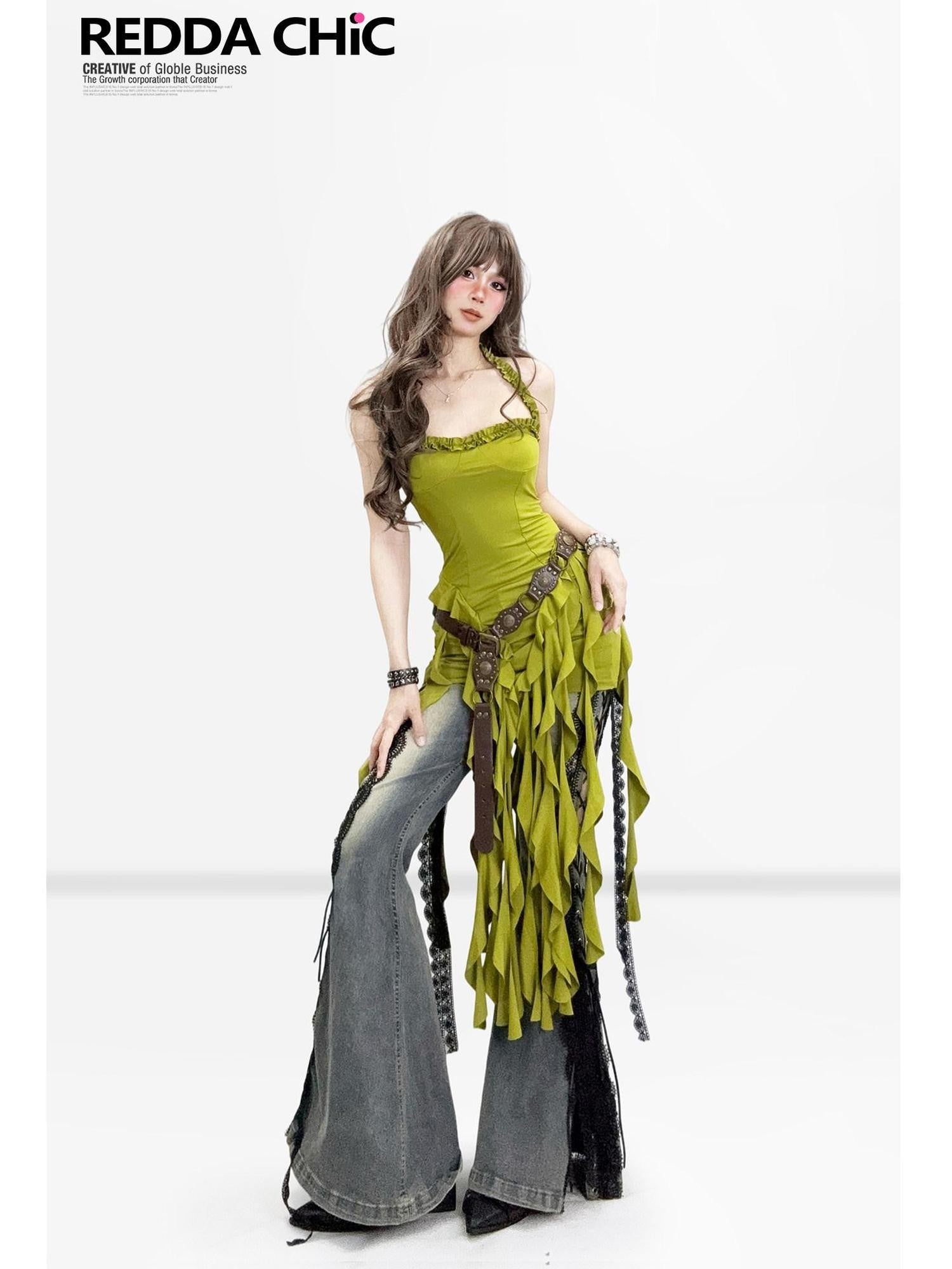 REDDACHIC Sage Green Ruffle Halter Asymmetric Vintage Women'S Polyester Slip Midi Dresses
