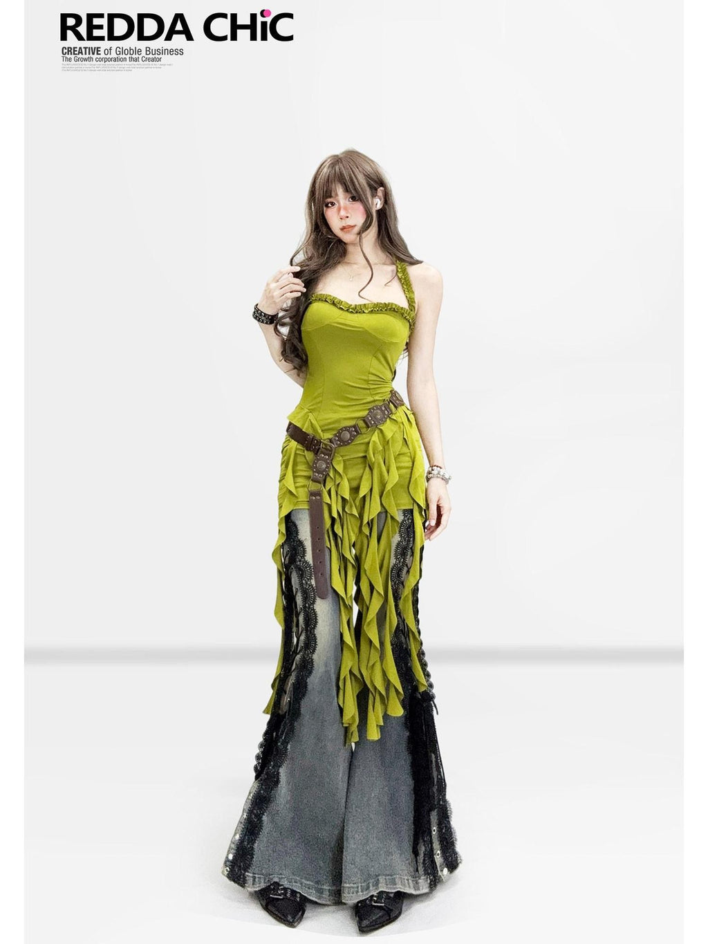 REDDACHIC Sage Green Ruffle Halter Asymmetric Vintage Women'S Polyester Slip Midi Dresses