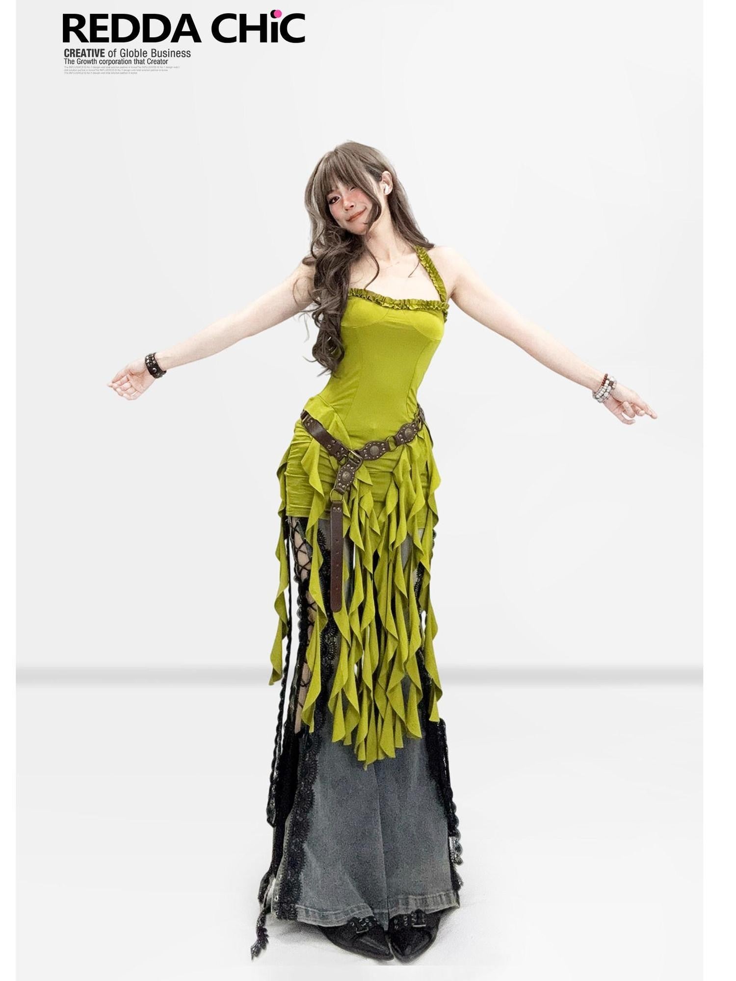 REDDACHIC Sage Green Ruffle Halter Asymmetric Vintage Women'S Polyester Slip Midi Dresses